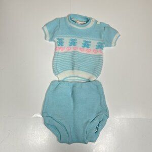 Vtg 80s CHILDWISE Baby Boy 2pc Sweater Set Blue Why Teddy Bears Sz (to 6M) Japan